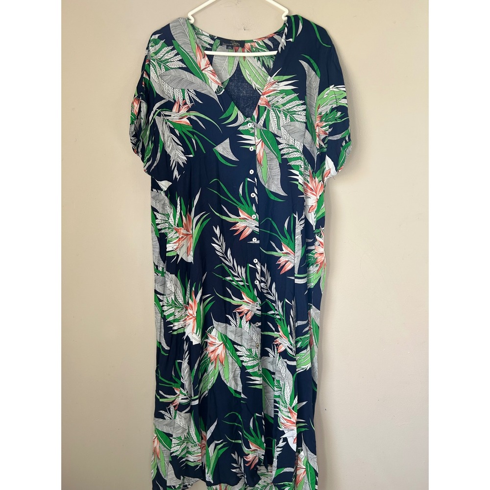 Suzanne Betro Womens 2X Navy Tropical Floral Maxi Dress V Neck Short Sleeve Boho